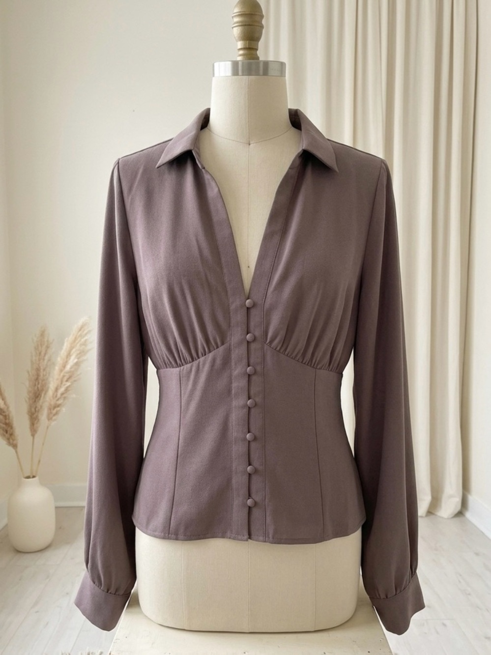 OAK + FORT| Mauve Button-Front Long Sleeve Feminine Collared Blouse Sz L
